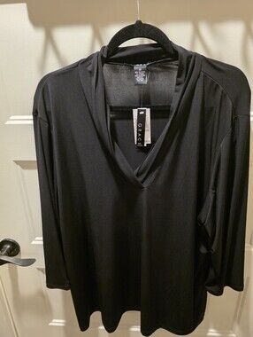 NWT Grace Woman Black Shawl Collar V-Neck Top 3X 3/4 Sleeve
